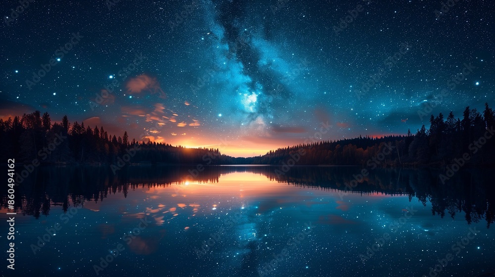 Evening landscape, starry sky over the lake Evening landscape, starry sky over the lake