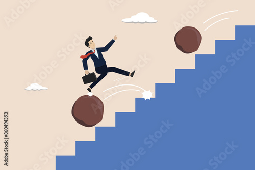 Overcome obstacle, difficulties for business growth, challenge to win competition, leader skills concept, businessman jump over falling boulder to climb up stair of success.