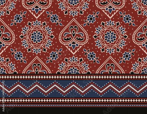 HAND DRAWN FLORAL JAIPUR PRINT SEAMLESS PATTERN WITH SEAMLESS BORDER ALL OVER PRINT VECTOR ILLUSTRATION