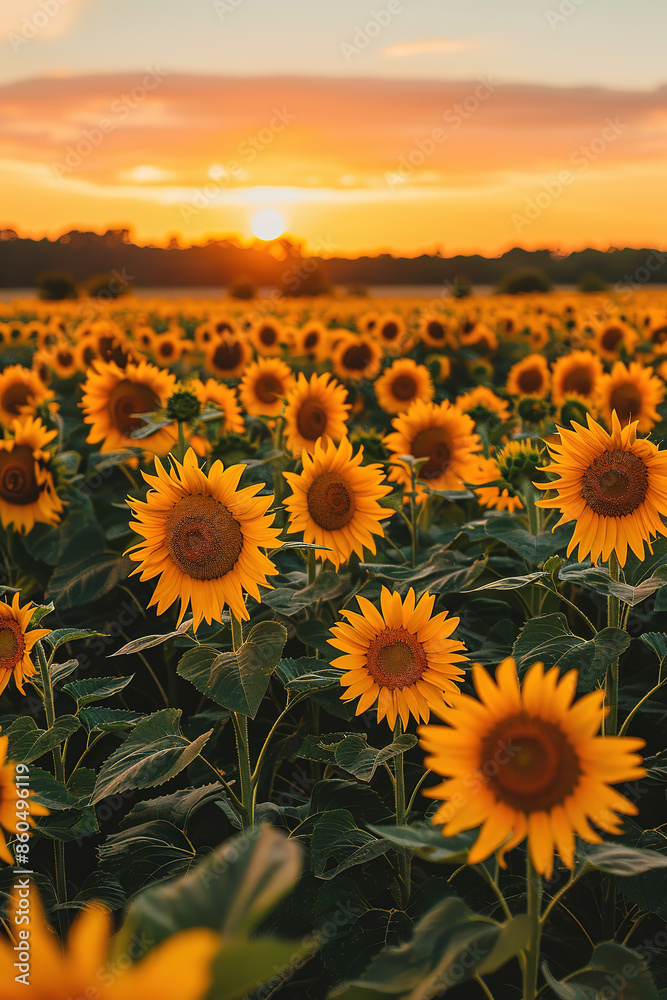 Obraz premium Field of sunflowers under the sunset sky