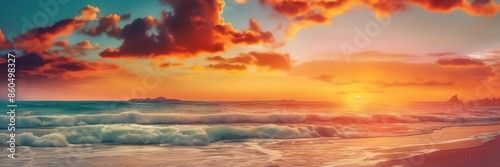 Sunset at the beach evening wide banner background	
