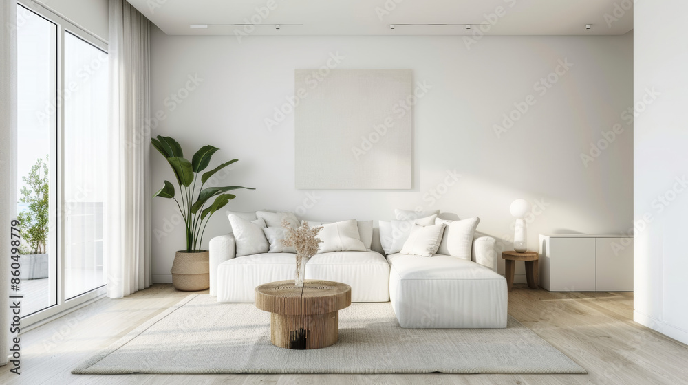 Fototapeta premium Living room with beautiful plain white wall, contemporary, clean, laguna beach, bright