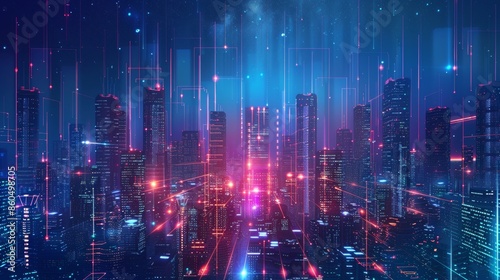 cityscape with space and neon light effect. Modern hi-tech, science, futuristic technology concept. Abstract digital high tech city design for banner background