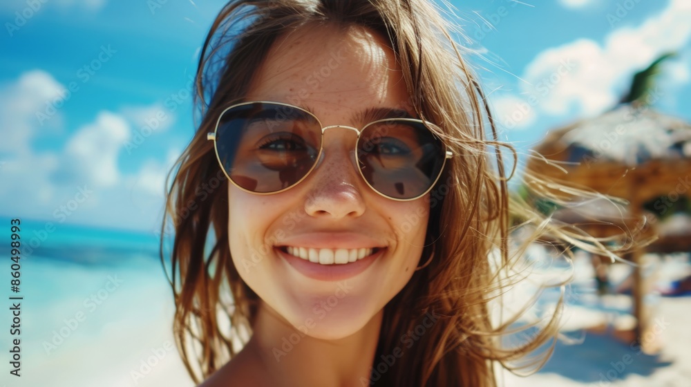 closeup shot of a good looking female tourist. Enjoy free time outdoors near the sea on the beach. Looking at the camera while relaxing on a clear day Poses for travel selfies smiling happy tropical closeup shot of a good looking female tourist. Enjoy free time outdoors near the sea on the beach. Looking at the camera while relaxing on a clear day Poses for travel selfies smiling happy tropical