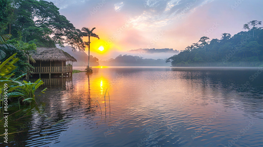 Fototapeta premium Breathtaking sunrise on lake, early morning landscape with raising sun, morning mist and calm lake water. 