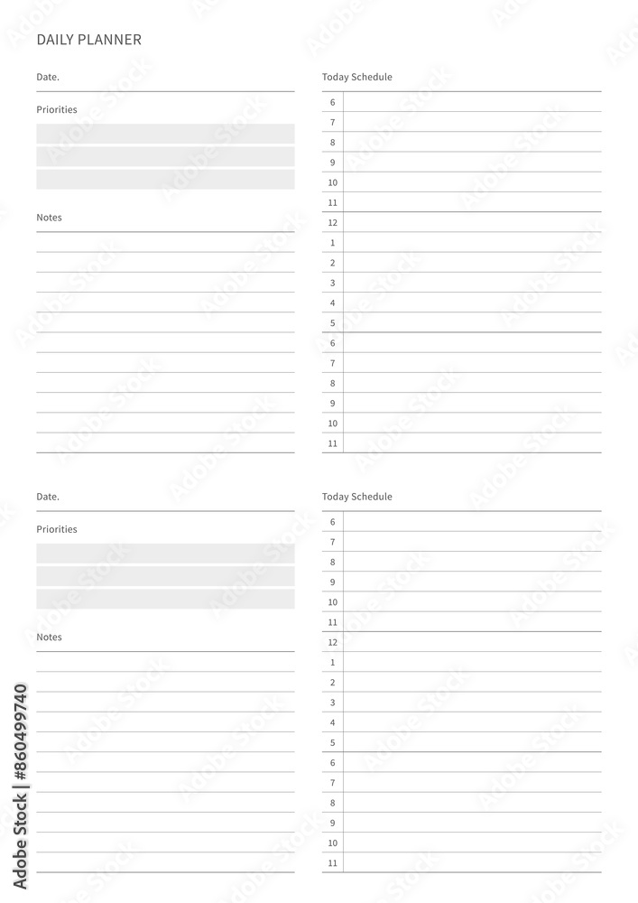 A daily plan design template in a modern, simple, and minimalist style. Note, scheduler, diary, calendar, planner document template illustration. A daily plan design template in a modern, simple, and minimalist style. Note, scheduler, diary, calendar, planner document template illustration.