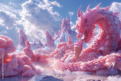 Expansive fantasy landscape with towering candy mountains and a glowing dragon sculpting ice cream cones photo
