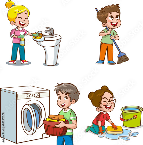Cartoon children doing housework. Boys and girl helping parents with laundry, washing and vacuuming floor and taking out garbage. Characters doing cleanup or household chores vector
