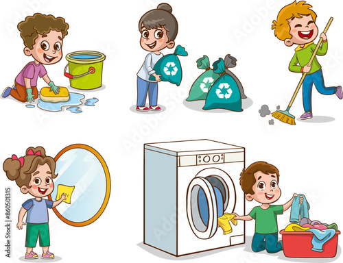Cartoon children doing housework. Boys and girl helping parents with laundry, washing and vacuuming floor and taking out garbage. Characters doing cleanup or household chores vector