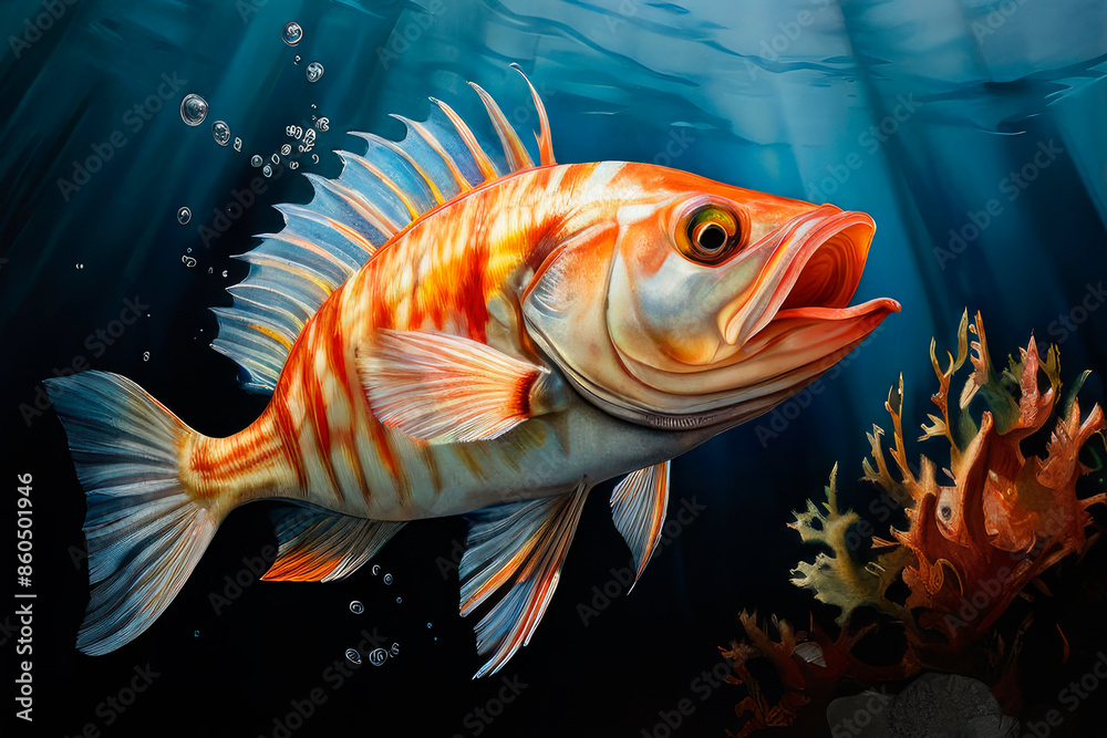 Fototapeta premium Illustration of underwater world with big fish and corals. Sea life in pictorial drawing