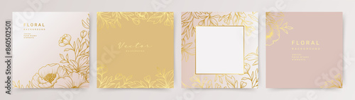 Elegant luxury pink, beige background with gold hand drawn flower pattern. Floral frame. Vector templates for wedding invitation, greeting card, social media post, packaging, branding, design, cover  