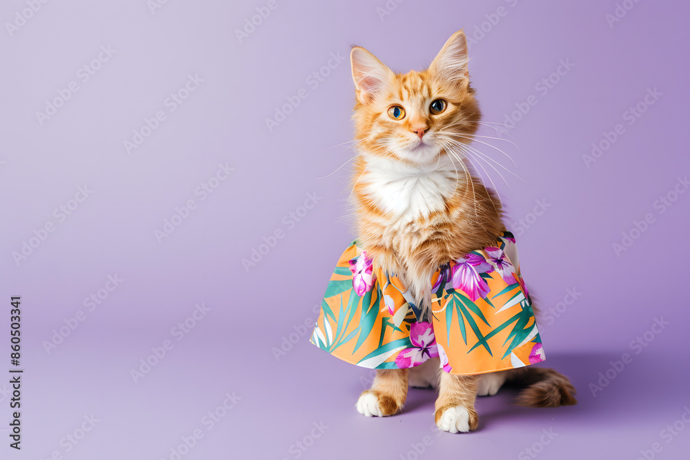 Obraz premium Cute cat in summer dress on purple background.