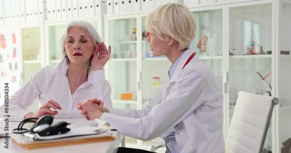 Elderly woman puts hand to ear trying to hear words of doctor. Specialist explains treatment plan for patient with hearing problems slow motion Elderly woman puts hand to ear trying to hear words of doctor. Specialist explains treatment plan for patient with hearing problems slow motion
