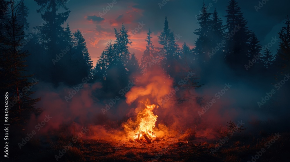 Mystical Forest Night Bonfire with Smoke and Silhouettes of Trees Mystical Forest Night Bonfire with Smoke and Silhouettes of Trees