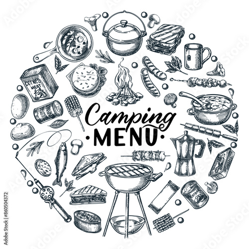 Camping picnic menu and outdoor cooking concept. Vector hand drawn sketch illustration of camp food isolated on white background. Grilled meal and snack banner, poster design template