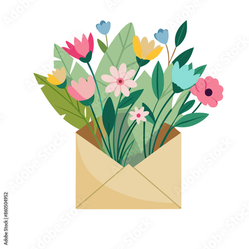 Floral envelope with flower bouquet isolated on white