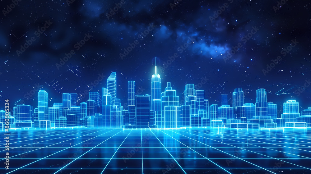 Futuristic Glowing Cityscape Against a Starry Night Sky, Featuring Illuminated Skyscrapers and a Grid-Patterned Ground, Symbolizing Advanced Technology and Innovation Futuristic Glowing Cityscape Against a Starry Night Sky, Featuring Illuminated Skyscrapers and a Grid-Patterned Ground, Symbolizing Advanced Technology and Innovation