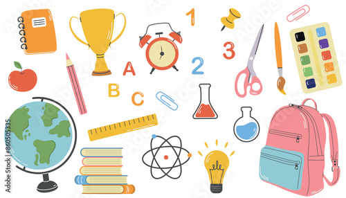 Back to school card with school supplies,backpack, pencils, notebook, microscope, vector illustration in flat style