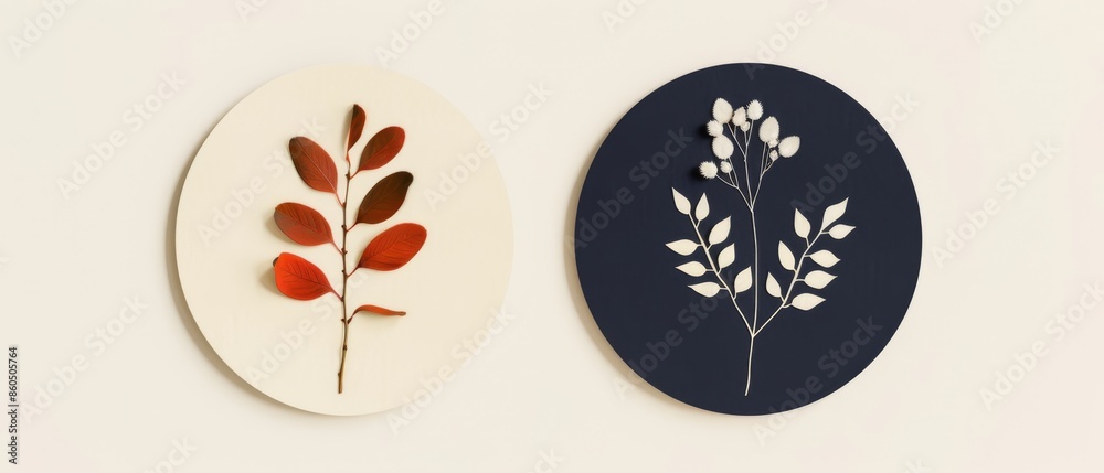 Elegant Botanical Sketches - Set of Two Circular Abstract Artworks in Navy Blue, Maroon, and Cream Palette Elegant Botanical Sketches - Set of Two Circular Abstract Artworks in Navy Blue, Maroon, and Cream Palette