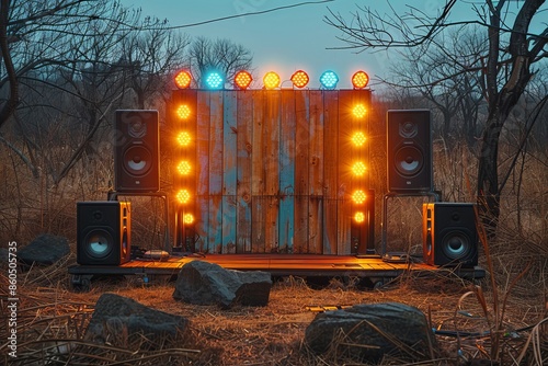 Outdoor stage setup with speakers and lights for psytrance festival