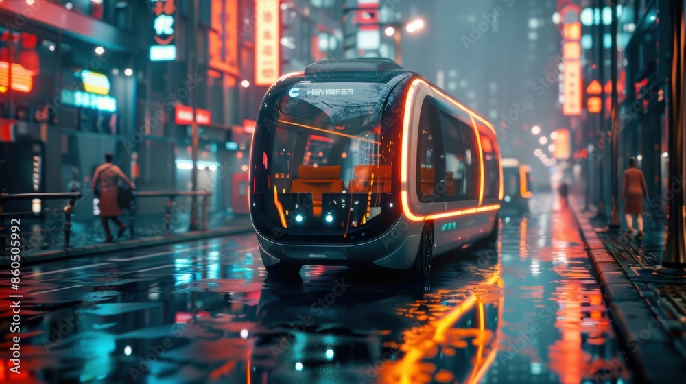 Fototapeta premium Autonomous electric shuttle in a futuristic city, showcasing urban mobility solutions, photorealistic style, emphasizing innovation and convenience.