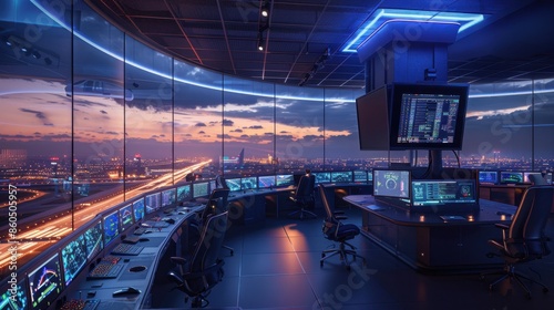 An AI-powered air traffic control center, digital art, with advanced monitoring systems and holographic displays. --ar 16:9 --style raw --stylize 250 Job ID: 2a7d7d16-63aa-4aff-a054-2033921424c6