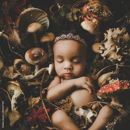 A magical portrait of a baby peacefully sleeping amidst an enchanting array of mushrooms and forest foliage, adorned with a delicate tiara.

 photo