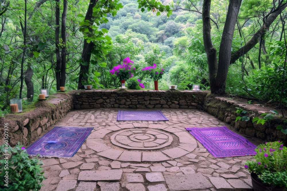 Tranquil outdoor meditation space with purple mats and lush greenery Tranquil outdoor meditation space with purple mats and lush greenery