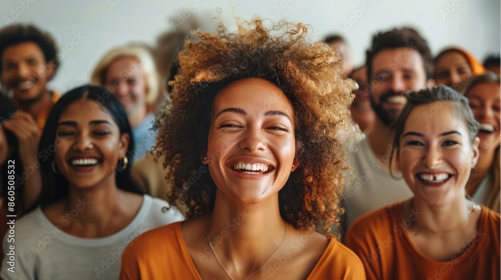 Obraz premium A crowd of laughing people, mixed races, young and old, white background. Generative AI.
