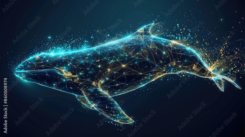 flat 2D illustrate with glowing blue killer whale made of digital particles with geometric lines, Particles go from light to dark, yellow, green and blue light, black background. Generative AI. flat 2D illustrate with glowing blue killer whale made of digital particles with geometric lines, Particles go from light to dark, yellow, green and blue light, black background. Generative AI.
