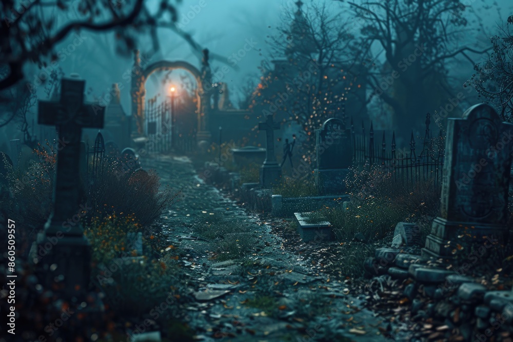 A peaceful cemetery scene with a single light at the end, suitable for use in illustrations or photographs about remembrance, memory, and eternity A peaceful cemetery scene with a single light at the end, suitable for use in illustrations or photographs about remembrance, memory, and eternity