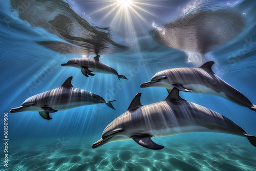 Dolphin living in its natural habitat, in the beatiful sea swimming and jumping out of the water