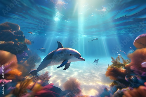 Dolphin living in its natural habitat, in the beatiful sea swimming and jumping out of the water