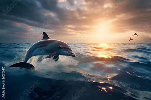 Dolphin living in its natural habitat, in the beatiful sea swimming and jumping out of the water