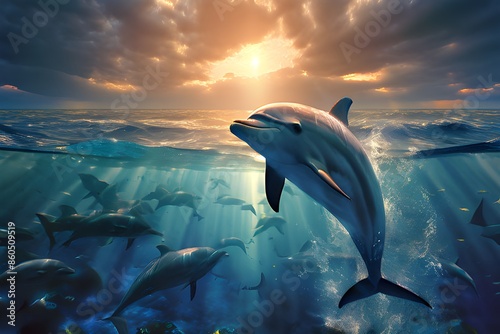 Dolphin living in its natural habitat, in the beatiful sea swimming and jumping out of the water