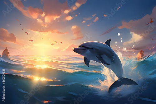 Dolphin living in its natural habitat, in the beatiful sea swimming and jumping out of the water
