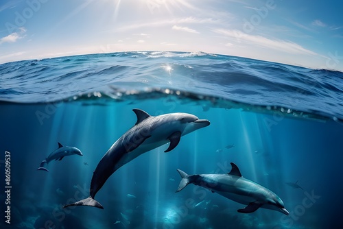 Dolphin living in its natural habitat, in the beatiful sea swimming and jumping out of the water