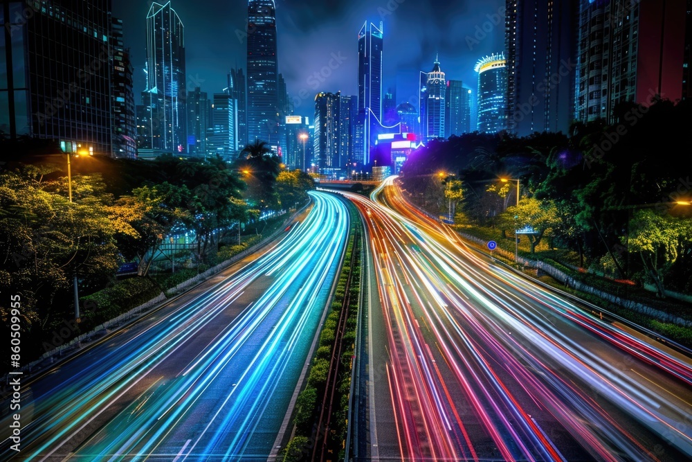 A nighttime view of a city with bright lights and bustling streets A nighttime view of a city with bright lights and bustling streets