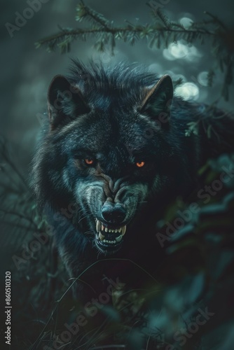A close-up shot of a large black wolf with red eyes standing in a forest environment