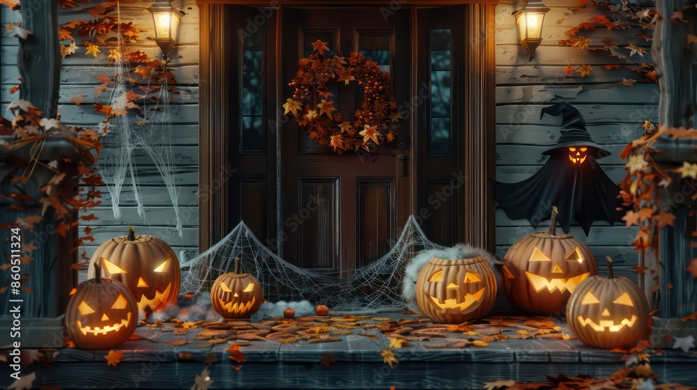 Obraz premium A festive image of a porch decorated with glowing jack-o'-lanterns, autumn leaves, and spooky cobwebs