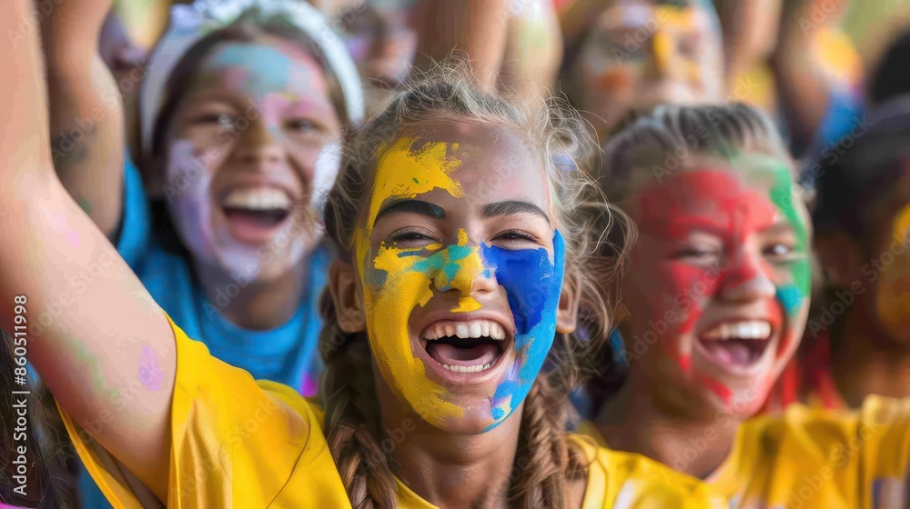 A group of students cheering during a school sporting event, their faces painted with school colors A group of students cheering during a school sporting event, their faces painted with school colors
