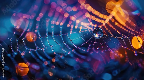 Close-up shot of a dewdrop on a spider web, captured through night photography, with bokeh lights in the background, vivid colors and details, photorealistic quality photo