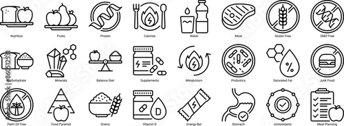 Healthy Food and Nutrition icon set line style editable stroke.