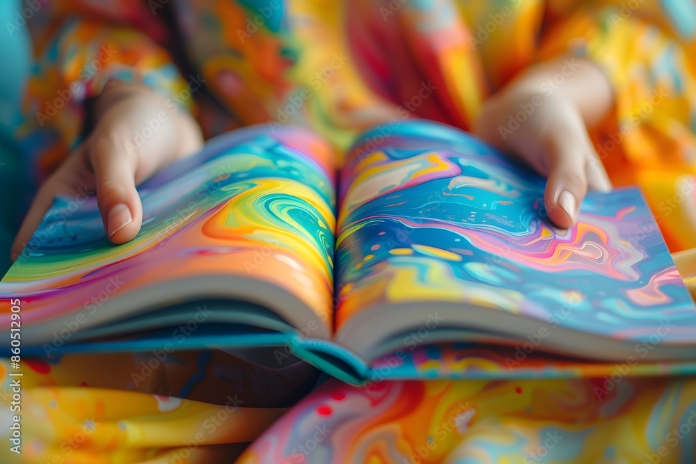 National Family Literacy Month, 3D flat design, close-up shot of hands turning the pages of a colorful storybook, detailed illustrations visible, emphasis on family bonding and literacy