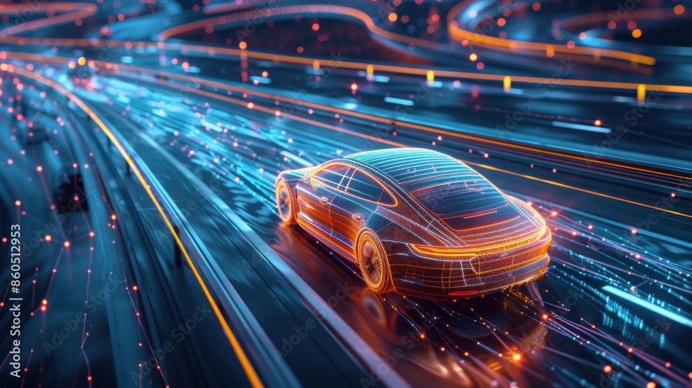 Electric vehicle test track with high-speed EVs in motion, digital art ...