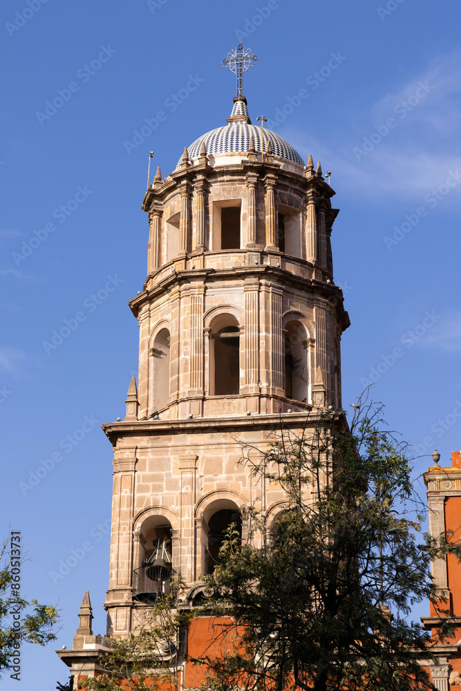 Fototapeta premium beautiful bell tower of a Catholic church behind trees seen from a majestic garden