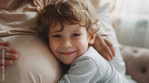Joyful toddler hugging expecting mother