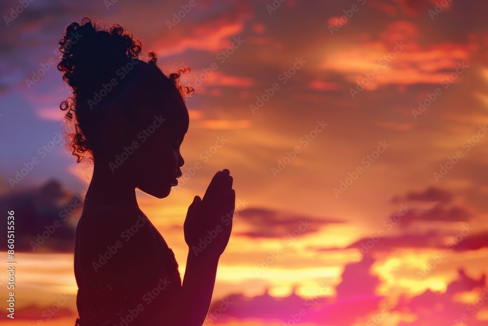 A silhouette of a woman praying at sunset A silhouette of a woman praying at sunset