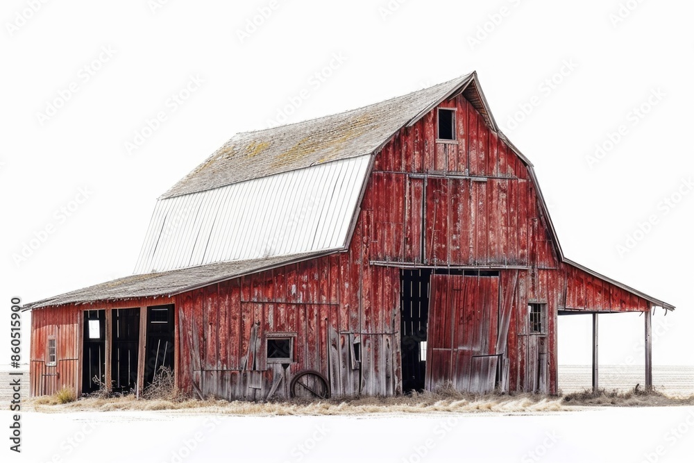 A red barn sits atop a snowy field, providing a cozy and rustic scene A red barn sits atop a snowy field, providing a cozy and rustic scene