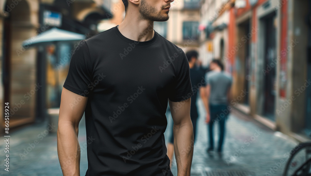 A man in a black shirt stands on a city street A man in a black shirt stands on a city street